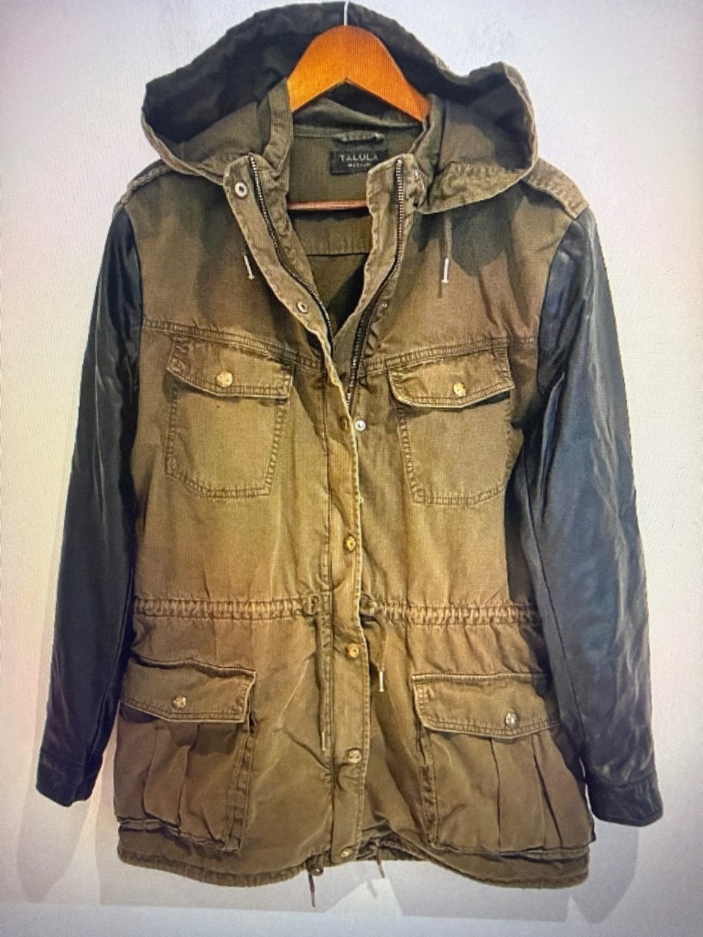 Aritzia Talula Green Hooded Trooper Utility Jacket Black Faux Leather Sleeves